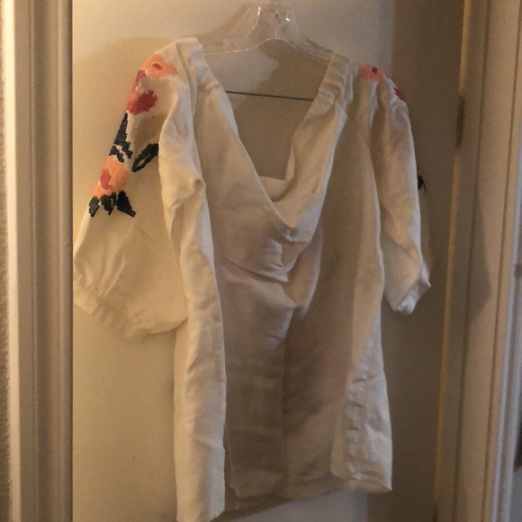 Ann Taylor, New, White Off Shoulder Linen Blend Embroidered Floral Top, XL - Picture 4 of 6